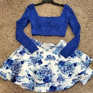 City Vibe Juniors Size 5 Small Blue Floral Homecoming 2 Pc Dress Skirt Set